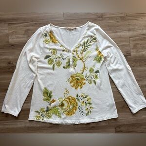 Soft Surroundings Maja White Long Sleeve Green Floral Sequins Beaded Blouse XL